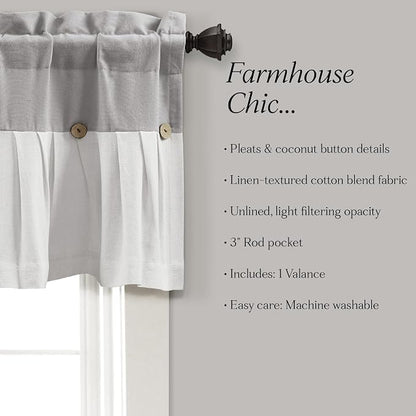 Lush Decor Linen Button Farmhouse Valance Curtians 84"W x 18"L Gray & Off White - Linen Valances For Windows - Kitchen Curtains Valances
