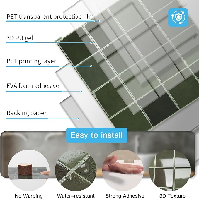 Art3d 10-Pack Heavy-Duty Peel and Stick Backsplash, 12x12 Inch Self-Adhesive Wall Tile Stick on Kitchen Countertop, Green