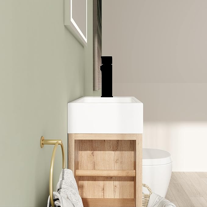 16" Bathroom Vanity with Sink, 16 Inch Floating Bathroom Vanity for Small Space, Modern Bathroom Vanity, Brown Wall Mounted Cabinet Set（050）
