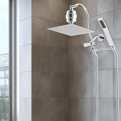 Hibbent All Metal 12'' Filtered Rainfall Shower Head Combo, High Pressure Handheld Shower Wand, 12'' Adjustable Curved Extension Arm, 20 Stage Shower Filter, 71'' Hose, Shower Head Holders, Chrome