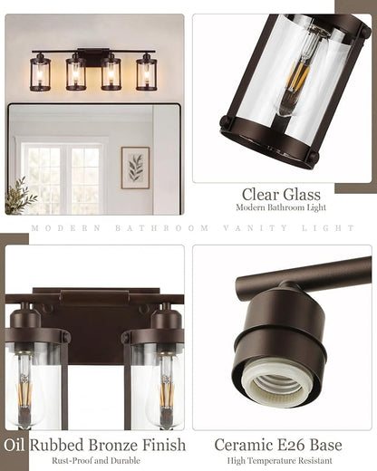 4-Light Oil Rubbed Bronze Bathroom Light Fixtures Over Mirror with Clear Glass and Metal Cage Shade, 29" UL-Listed Modern Farmhouse Wall Sconce for Bath, Hardwire E26, OS-3014ORB-4W