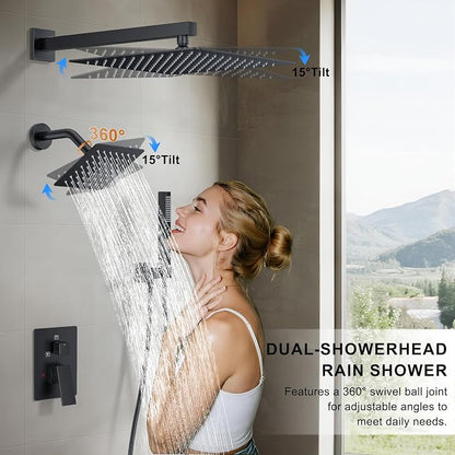 Rain Shower System 12" & 6" Dual Shower Heads, Wall Mount Shower Faucet Set | Ideal for bathroom remodels and upgrades with 12" rain shower, 6" angled shower, handheld spray and complete valve kit.