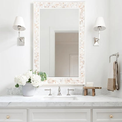 Tanmicoshomy 20x 28 Inch Rectangle Wall Mirror, Natural Shell Framed Rectangular Mirror for Bathroom, Vanity, Bedroom, Living Room, Entryway, Wall Mounted Horizontal or Vertical, White