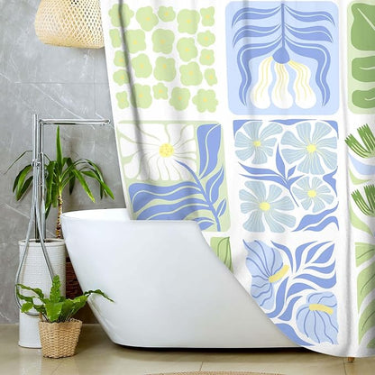 JAWO Blue Cute Boho Floral Shower Curtain, Colorful Abstract Floral Retro Aesthetic Shower Curtain for Bathroom, Funky Unique Waterproof Fabric Polyester Bath Curtains Decor with Hooks,70Wx75H