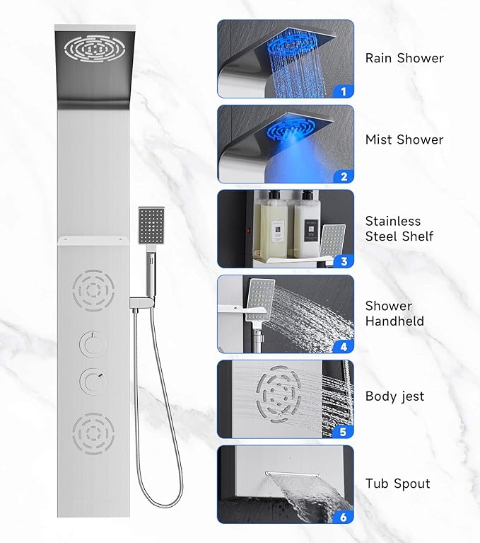 POPFLY Shower Panel Tower System with Shelf, LED Mist & Rain Shower Head, 304 Stainless Steel Shower Tower, 2 Body Jets, Tub Spout, Brushed