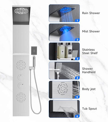 POPFLY Shower Panel Tower System with Shelf, LED Mist & Rain Shower Head, 304 Stainless Steel Shower Tower, 2 Body Jets, Tub Spout, Brushed