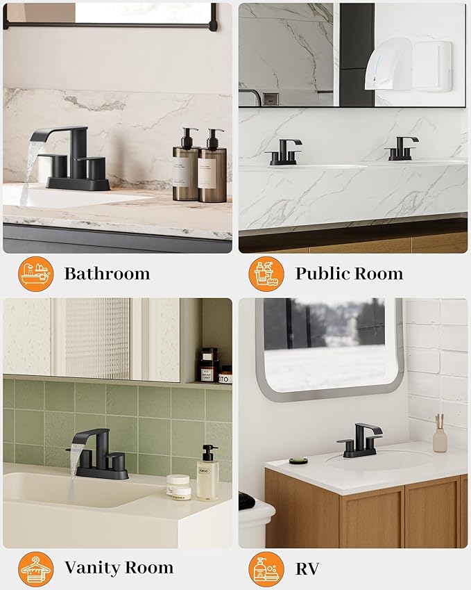 Matte Black Bathroom Faucet Waterfall 4 Inch Centerset Bathroom Sink Faucet | Stainless Steel with Pop up Sink Drain Stopper Supply Hose Basin Mixer Tap for Vanity RV 2 or 3 Hole Sink by Homevacious