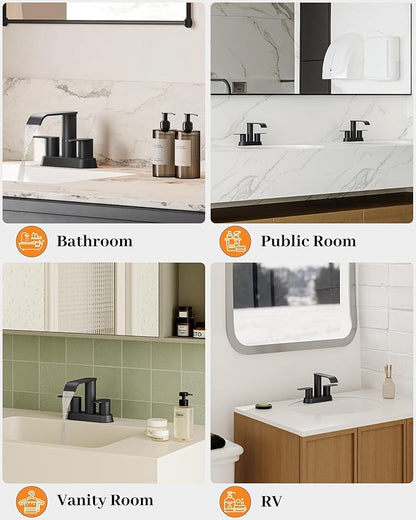Matte Black Bathroom Faucet Waterfall 4 Inch Centerset Bathroom Sink Faucet | Stainless Steel with Pop up Sink Drain Stopper Supply Hose Basin Mixer Tap for Vanity RV 2 or 3 Hole Sink by Homevacious
