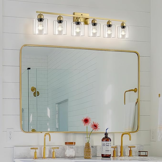 Modern Brushed Gold 6 Light Bathroom Light Fixtures,38 inch Vanity Lights for Bathroom with Clear Glass, Vanity Light for Mirror Kitchen Living Room Hallway Cabinet Porch