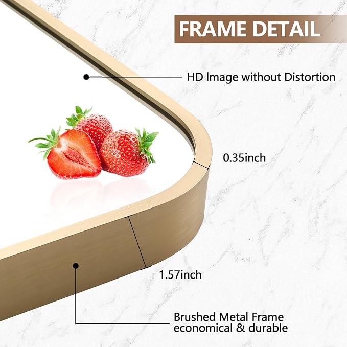 Gold Mirror, 24x32 Inch Framed Rectangle Mirror with Rounded Corner, Brushed Brass Mirror, Gold Bathroom Mirror for Over Sink, Vanity, Living Room, Bedroom, Horizontal/Vertical