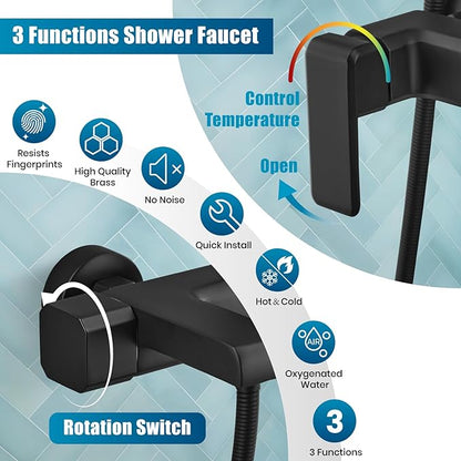 gotonovo Matte Black Exposed Shower Fixture Faucet Set Triple Function 8 Inch Rainfall Showerhead and Tub Spout Shower System Combo Unit, Multi Functional ABS Handheld