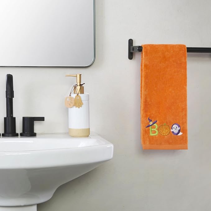 SKL Home Halloween Boo Hand Towel Set-2pc, 100% Cotton, Embroidered, Orange | Soft, decorative velour. Great for the bathroom, kitchen or bar & gifting.