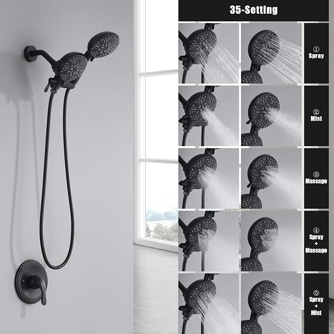 Black Shower Faucet Set with Tub Spout - Tub and Shower Faucet Combo| Dual 2 in 1 Shower System with Handheld Showerhead 3-way Water Diverter Shower Trim Kit(Pressure Balancing Valve Included)