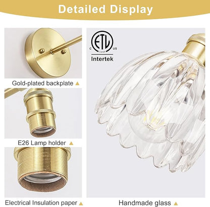 Hardwired Wall Sconces Set of Two, Vintage Wall Lights with Clear Tulip Glass Lampshade, Gold Wall Lamps for Bedroom Bedside Stairway Bathroom Living Room (Bulbs Not Included, Not Battery Powered)