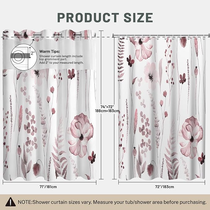 No Hook Floral Shower Curtain with Liner, Burgundy, 71x74 | Snap in Liner, 3 in 1, Water Repellent, Easy Install, Machine Washable, Hotel Style for Bathroom, Watercolor Pattern