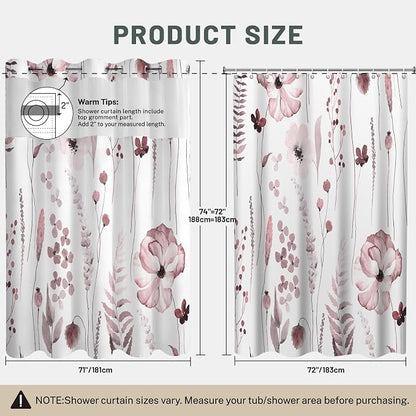 No Hook Floral Shower Curtain with Liner, Burgundy, 71x74 | Snap in Liner, 3 in 1, Water Repellent, Easy Install, Machine Washable, Hotel Style for Bathroom, Watercolor Pattern