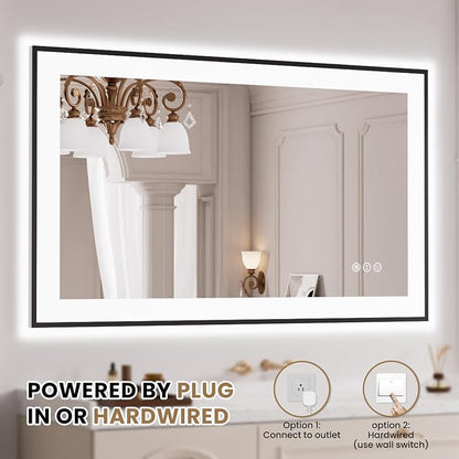 LOAAO 40"X24" LED Bathroom Mirror Black Framed | Anti-Fog, Dimmable, Memory Function, Tempered Glass, Lighted Vanity Mirror for Wall