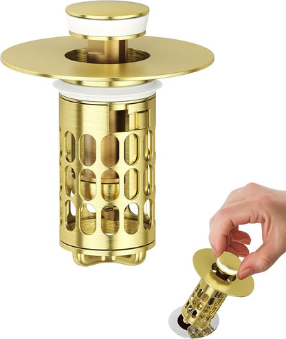QYHNYJF Upgraded Bathroom Sink Stopper with Hair Catcher - Universal Pop-Up Drain Plug, Stainless Steel & Silicone Seal for 1.1-1.5 Inch Drains, Gold Matte Brushed Finish (Gold Matte Brushed)