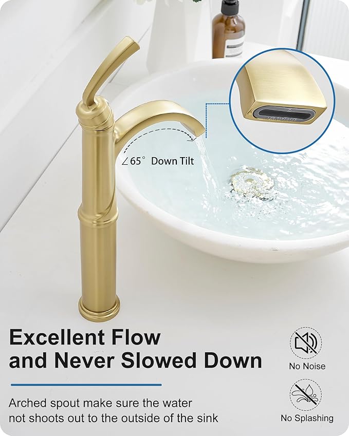 Tall Vessel Sink Faucet, Brass Waterfall Bathroom Sink Faucet Single Handle, Gold Bathroom Faucet 1 Hole, Tall Bathroom Faucets with Pop-Up Drain Water Supply Hoses