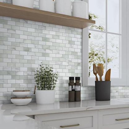 10-Sheet Subway Peel and Stick Backsplash Tile, 11.3" x 10.8" Emerald Green Stone Composite Marble Looks Self Adhesive Waterproof Wall Tile, Stick on Tiles for Kitchen Bathroom Shower Fireplace