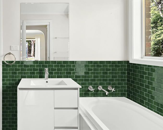 Green Peel and Stick Backsplash Subway Tile for Kitchen 10-Sheet | Thick,Self Adhesive,Wall,Sticky,Brick,for Bathroom,Laundry,Sink,12"×12"