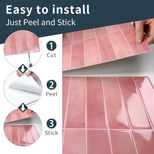 10 Sheets Upgraded Thicker Design Subway Tile Peel and Stick Backsplash | 12”×12”Self Adhesive Wall Tiles Stick on Back Splash for Kitchen,Bathroom,Camper(Pink)