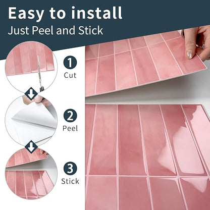 10 Sheets Upgraded Thicker Design Subway Tile Peel and Stick Backsplash | 12”×12”Self Adhesive Wall Tiles Stick on Back Splash for Kitchen,Bathroom,Camper(Pink)