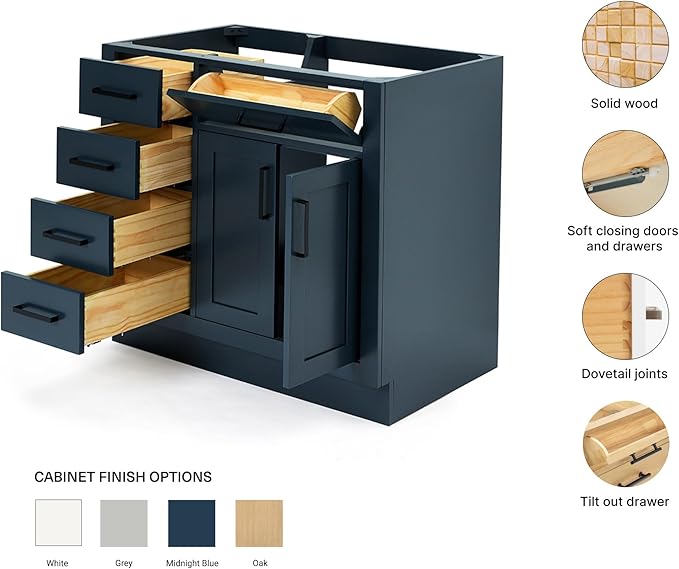 ARIEL Hepburn 36-inch Bathroom Vanity Base Cabinet,Solid Wood, 2 Soft Closing Doors, 5 Dovetail Drawers, Midnight Blue