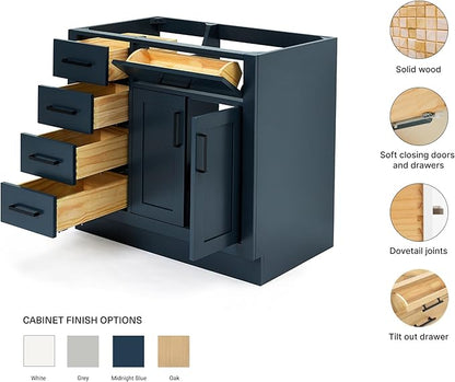 ARIEL Hepburn 36-inch Bathroom Vanity Base Cabinet,Solid Wood, 2 Soft Closing Doors, 5 Dovetail Drawers, Midnight Blue