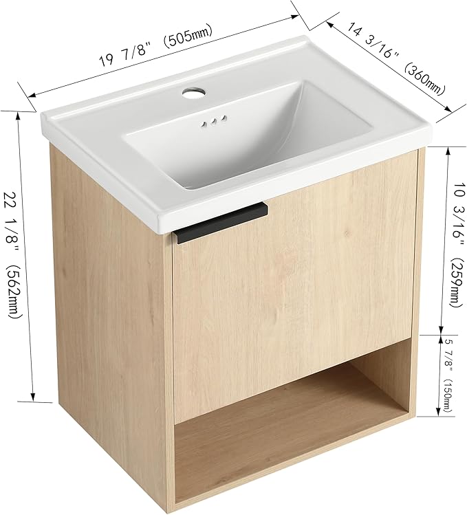 Malwee 20" Floating Bathroom Vanity with Sink, 20 Inch Single Sink Wall Mounted Bathroom Vanity, with 1 Door and White Ceramic Basin Top for Small Space, Plywood(066-20MA)