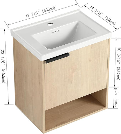 Malwee 20" Floating Bathroom Vanity with Sink, 20 Inch Single Sink Wall Mounted Bathroom Vanity, with 1 Door and White Ceramic Basin Top for Small Space, Plywood(066-20MA)