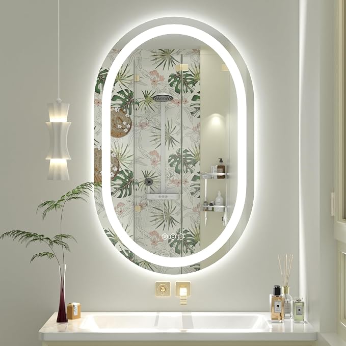 OKPAL 24x36 Oval Lighted Bathroom Mirror, LED Bathroom Mirror with Lights, Oval LED Mirror for Bathroom, Anti-Fog, Shatter-Proof, Dimmable, Memory, 3 Colors (Front Lights + Backlit)