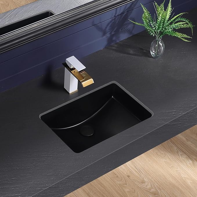 Undermount Bathroom Sink 18x13 Inch Small Bathroom Sink Black Porcelain Ceramic Bathroom Under Counter Lavatory Vanity Sink Basin Rectangular Undermount Sinks with Overflow