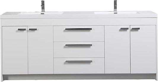 Eviva Lugano 84" White Modern Double Sink Bathroom Vanity w/White Integrated Top - Solid Wood Bathroom Sink Cabinet w/Brushed Chrome Handles - Freestanding Bathroom Vanities