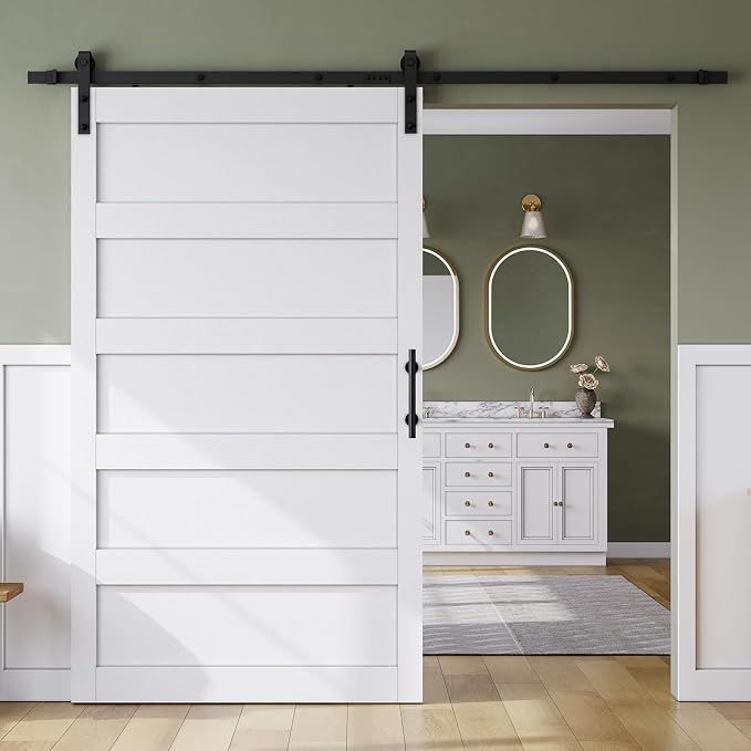 SMARTSTANDARD 48in x 84in Sliding Barn Door with 8FT Hardware Track Kit | Waterproof PVC Surface, Pre-Drilled Holes Easy to Assemble, Solid, MDF, White, 5-Panel