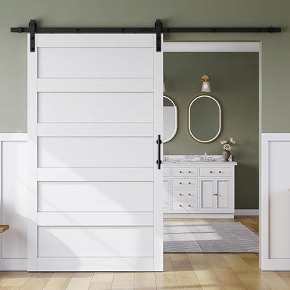 SMARTSTANDARD 48in x 84in Sliding Barn Door with 8FT Hardware Track Kit | Waterproof PVC Surface, Pre-Drilled Holes Easy to Assemble, Solid, MDF, White, 5-Panel