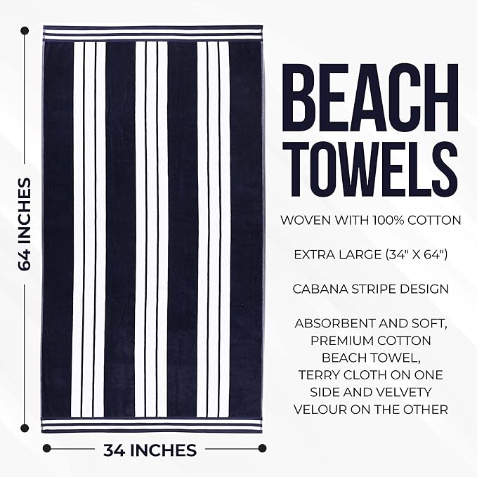 Superior Oversized Cotton Beach Towel Set of 6, Absorbent Towels for Bathroom, Beach, Pool, Swim, Adults, Kids, Vacation, Travel, Bath Sheet, Quick Dry Basics, Trip Essentials, Striped Decor, Blue