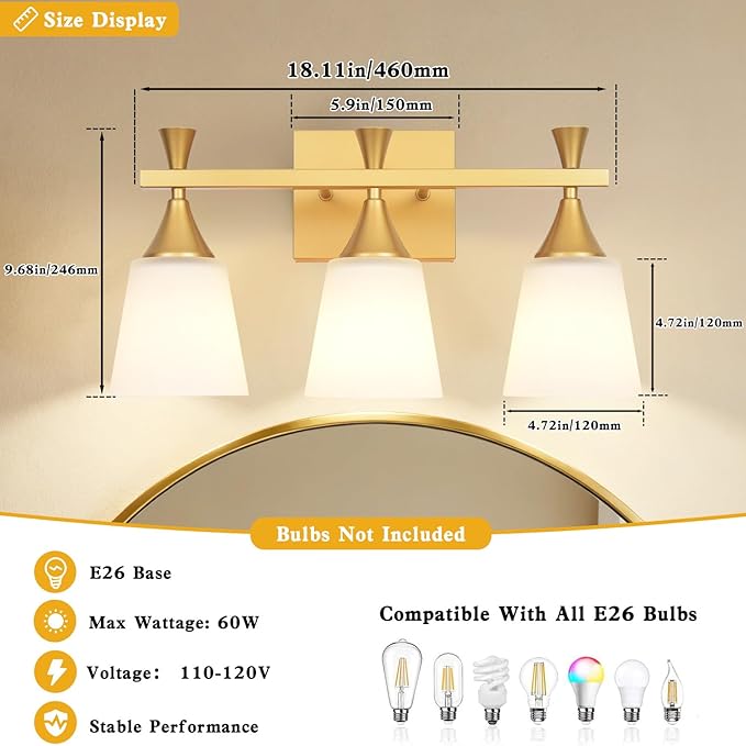 3 Light Modern Bathroom Vanity Light, Milk Glass Wall Light Fixtures Over Mirror, Brushed Gold Vanity Lighting for Bathroom, Living Room, Bedroom, E26 Base (Exclude Bulb)