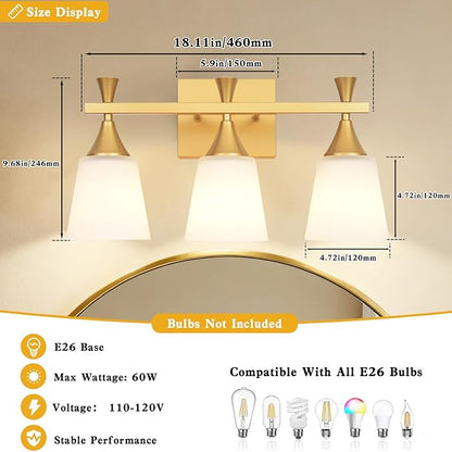 3 Light Modern Bathroom Vanity Light, Milk Glass Wall Light Fixtures Over Mirror, Brushed Gold Vanity Lighting for Bathroom, Living Room, Bedroom, E26 Base (Exclude Bulb)