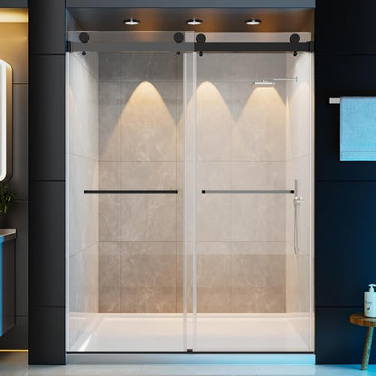 56–60" W × 78" H Frameless Sliding Glass Shower Door, 3/8" (10mm) Thick Tempered Glass, Stainless Steel Hardware, Double Sliding Shower Doors for Walk in Shower, Matte Black