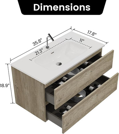 36'' Floating Bathroom Vanity with Sink Combo, Modern Bathroom Cabinet with 2-Soft Close & Large Storage Drawers, for Bath, Apartment, Hotel, Rough Oak