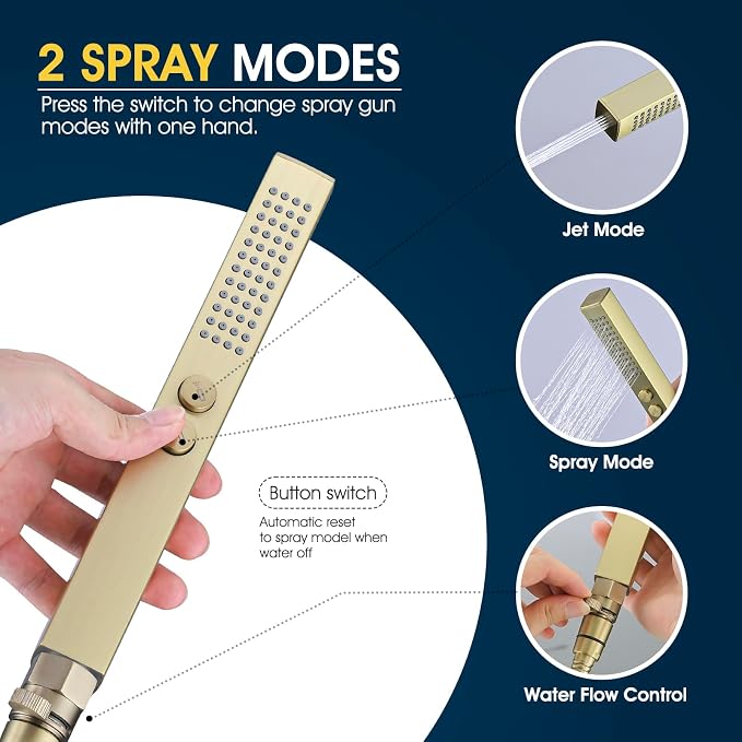 All-Metal High Pressure Square Handheld Shower Head with Jet Spray and Rainfall Modes, Volume Control Regulator, ON/OFF Switch, Hose and Wall Mounted Adjustable Bracket (Brushed Gold)