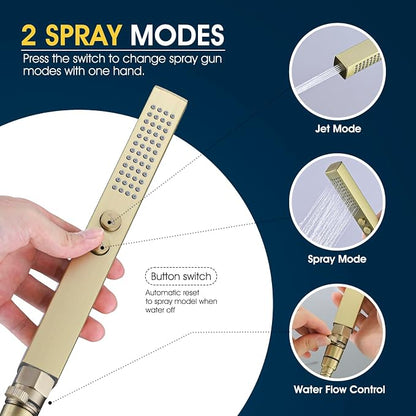 All-Metal High Pressure Square Handheld Shower Head with Jet Spray and Rainfall Modes, Volume Control Regulator, ON/OFF Switch, Hose and Wall Mounted Adjustable Bracket (Brushed Gold)