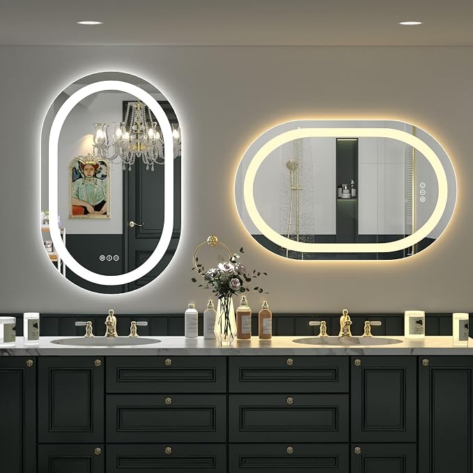 OKPAL 40x20 Oval Lighted Bathroom Mirror, LED Bathroom Mirror with Lights, Lighted Vanity Bathroom Mirror, Anti-Fog, Shatter-Proof, Dimmable, Memory, 3 Colors (Front Lights + Backlit)