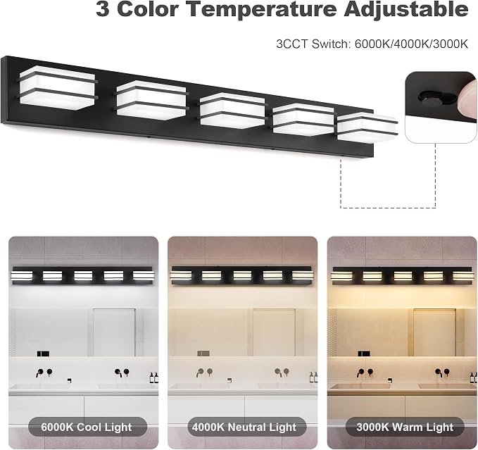 GOODATE 3 Color Temperature Dimmable Vanity Lighting Fixtures, LED Black 5 Light Bathroom Vanity Light Fixtures, Acrylic Stainless Steel Square Shade Vanity Lights for Bathroom, ETL Certificated