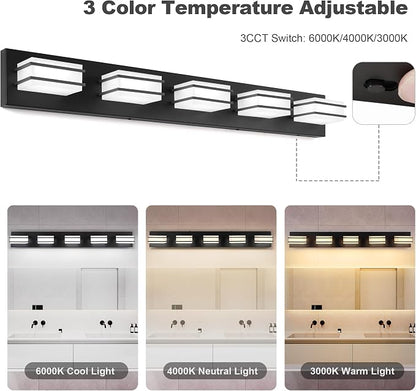 GOODATE 3 Color Temperature Dimmable Vanity Lighting Fixtures, LED Black 5 Light Bathroom Vanity Light Fixtures, Acrylic Stainless Steel Square Shade Vanity Lights for Bathroom, ETL Certificated