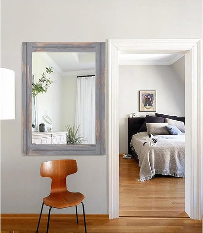 AAZZKANG Wood Framed Mirror Rectangular Rustic Wall Mirrors Decorative Large 28"x20" for Farmhouse Bathroom Living Room Bedroom Grey