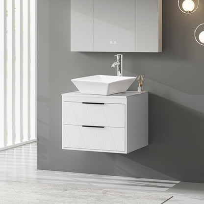 eclife 24" Floating Bathroom Vanities with Sink Combo, Wall Mounted Modern Cabinet W/Diamond Line Pattern Design, White Square Ceramic Vessel Sink W/Water Save Faucet & Pop Up Drain, White