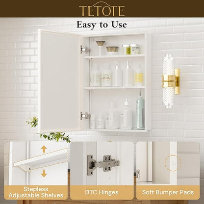TETOTE White Medicine Cabinet 16" x 24" Bathroom Mirror with Storage Stepless Adjustable Shelves Beveled Aluminum Framed Modern Farmhouse Medicine Cabinets Recessed or Wall-Mounted