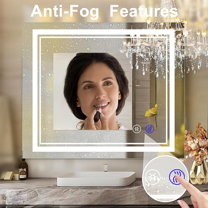 SaniteModar Bathroom Mirror with Lights 36x30 in, Led Mirror for Bathroom, Led Bathroom Mirror, 3 Color Dimmable, Anti Fog, Touch Button, CRI90+, Horizontal/Vertical